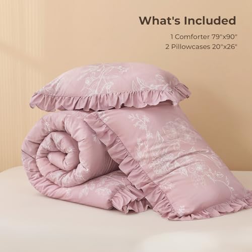 Image of Litanika Grayish Pink Full Comforter Sets, 3 Pieces Ruffle White Floral Farmhouse Bedding Comforter Sets, All Season Soft Lightweight Fluffy Microfiber Bed Set(79x90In Comforter, 2 Pillowcases)