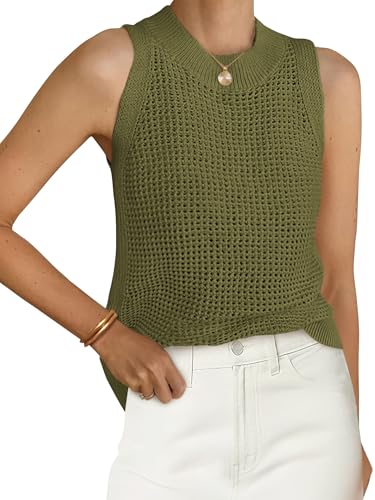 Image of PRETTYGARDEN Womens Summer Crochet Tank Tops Knit Sweater | Crewneck Hollow Out Summer Sweaters Tops, Loose Sleeveless Sweater Vest, Trendy Casual Resort Wear, Beach Vacation Clothes