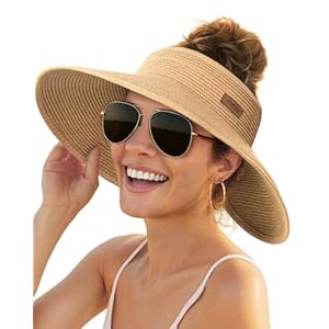 FURTALK Sun Hats for Women Wide Brim Beach Hat Straw Visor Ponytail Summer UV Packable Foldable Beach Vacation Essentials