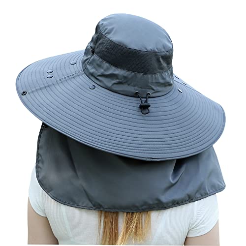 Image of Women Wide Brim Face Mask Sun Hat Detachable Neck Face Flap Ponytail UV Protection Visor Hat Garden Fishing Hiking