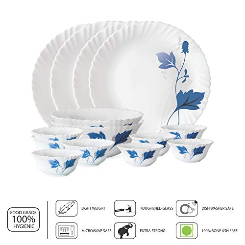 Image of Larah by Borosil Opalware Dinner Set Microwave & Dishwasher Safe | Bone-Ash Free | Crockery Set for Dining & Gifting | Plates & Bowls (Ageria, 14pc)