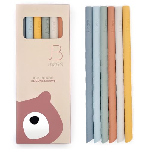 J.Børn Lot de 6 pailles en silicone avec brosse de nettoyage | Paille droite réutilisable de 22 cm | Pailles flexibles réutilisables pour enfants, fêtes, smoothies, milkshakes, boissons chaudes |