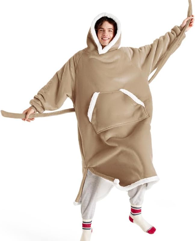 Bedsure Sudadera de manta de largo recorrido - Sudadera de manta con capucha, tamaño grande con división lateral y cinturón, cálida chaqueta de