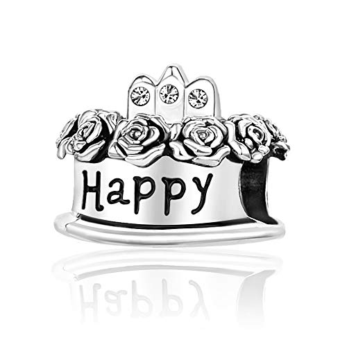 Image of Birthstones Happy Birthday Cake Charms Compatible with Pandora Charms Moments Bracelets Candle Crown Celebration Beads