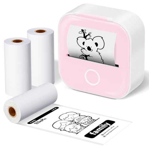 ASprink Mini Pocket Printer mit 3 Papierrollen, T02 Mini Drucker, Sticker Drucker, Mini Aufkleberdrucker, Thermodrucker, Mini Bluetooth Drucker, Inkeless Drucker für Notizen, Memos, Zeitschriften, DIY