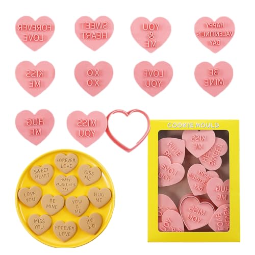 Heart Cookie Cutter Set, 10 Pcs 3D Pressable Biscuit Cutter and Stamps, Valentine's Day Cookie Molds Wedding Party DIY Cake Decorating Kit (B10)