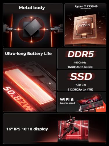 Image of Gaming Laptop with Ryzen 7 7735HS (up to 4.75GHz),16GB DDR5 512GB NVMe SSD | 16 inch Laptop with AMD Radeon 680M,Backlit KB,Windows 11,1920x1200 FHD,WiFi 6,HDMI2.0.Full Function Type-C