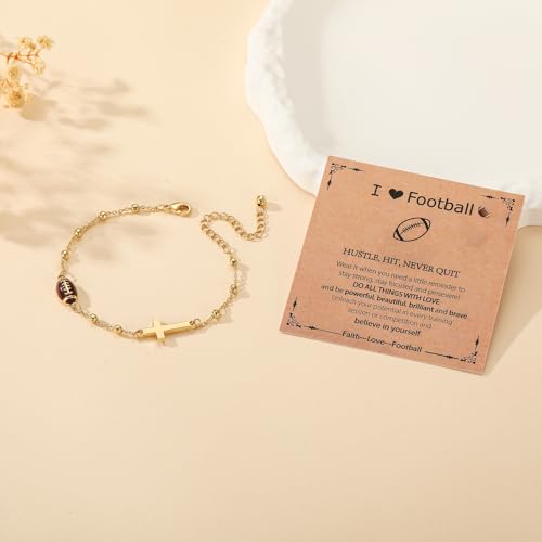 Image of Softball /Volleyball /Soccer /Basketball Football Bracelet for Girls Women, 14K Gold Plated Cross Link Chain Sport Accessories Christian Jewelry Gifts for Teens Team Coach Players