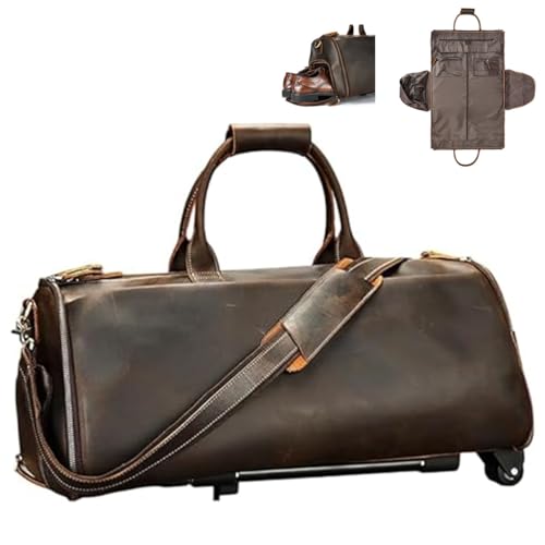 Men's Leather Duffle Bag with Wheels,Rolling Travel Luggage with Handle,Large Convertible Garment Weekender Bags - Main Image
