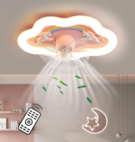 PTLYE Luz de Techo LED con Ventilador, luz de Ventilador de Nube de Arco Iris de Dibujos Animados, Ventilador de Techo Regulable con Mando a Distancia con iluminación, luz de Ventilador Rosa Moderna