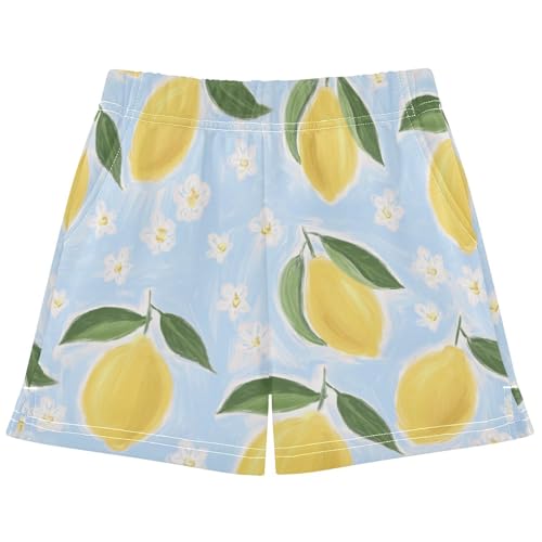 pnyoin Girl's Shorts Watercolor Lemon Floral Athletic Running Shorts with Pockets Size 9-10t