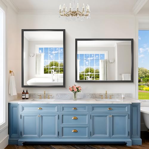 Image of Black Rectangle Mirror, 48 x 36 Inch Large Bathroom Mirrors for Over Sink, 0.6 inch Thickened Deep Frame Rectangular Wall Mirror, Brushed, Tempered Glass, Antirust, Horizontally /Vertically