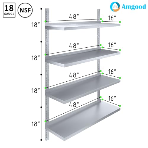Image of AmGood 16 in. x 48 in. Four-Tier Metal Wall Mount Shelf | Staunless Steel Shelving for Commercial Kitchen, Closet, Garage, Pantry, etc