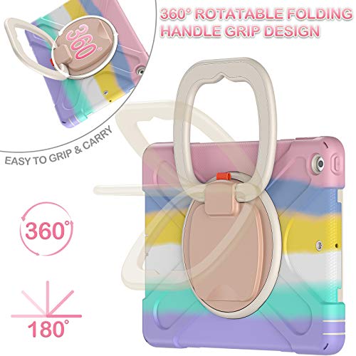 Batyue Ipad 9Th/ 8Th/ 7Th Generation Case (Ipad 10.2 Inch Rugged Case 2021/2020/2019) With Screen Protector, Rotating Stand/Pencil Holder/Carrying Shoulder Strap (Colourful Pink) #TOP1