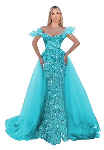 Sequin Prom Dresses with Feather Off Shoulder Mermaid Fomral Dress Tulle Cape Ball Gowns Sparkly Evening Gowns