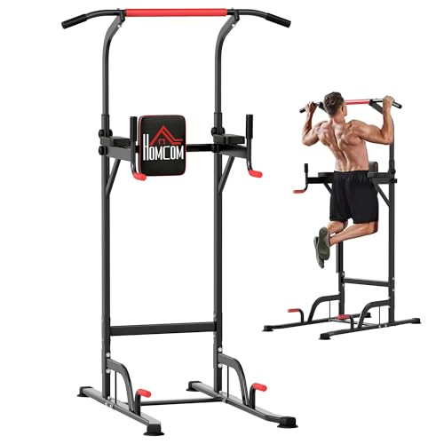 HOMCOM Torre de Ejercicios Estación Multifuncional Altura Ajustable con 7 Orificios para Entrenamiento Fitness Casa Gimnasio Oficina Carga Máx. 120 kg 123x98x189-239 cm Negro y Rojo