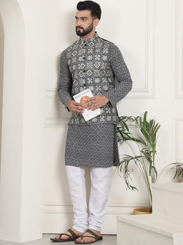 Image of SOJANYA (Since 1958 Men's Cotton Contrast Embroidered Kurta and White Pyjama with Embroidered Nehru Jacket