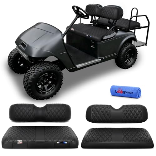 LEAPGOMAX 4PCS Golf Cart Seat Covers Front and Rear Set Fits for EZGO TXT/Freedom and EZGO RXV OEM Standard Seat Thick Leather Custom Diamond Comfortable Anti-Scratch No Staples Black