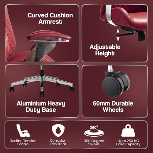 Image of Kepler Brooks Premium Executive Office Chair | Ergonomic High Back Leatherette Chair with Quilted Design, Adjustable Height & Multi Lock Recliner Tilt | Heavy-Duty Metal Base | Maroon