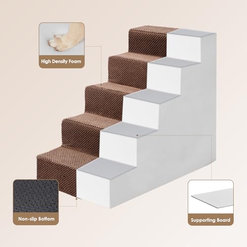Image of EHEYCIGA Dog Stairs for High Bed 22.5 inch H, 5-Step Dog Steps for Bed, Pet Steps for Small Dogs and Cats, Non-Slip Balanced Pet Ramp Indoor, Brown