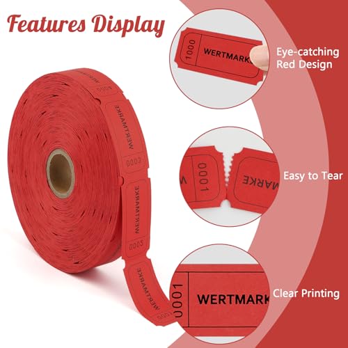 1000 Stück Wertmarken Rollen, Essensmarken Rot, Abrisse Getränkemarken, Fortlaufende Nummer Gutscheinmarken für Geschäfte Bar Hochzeit Karneval Party Veranstaltungen