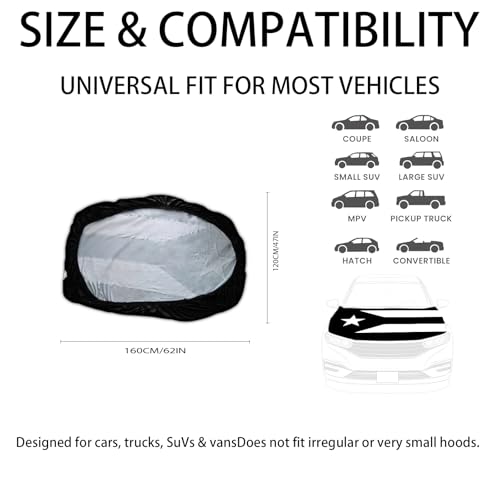 Puerto Rico Black & White Flag Car Hood Cover – 4' x 5.25', Durable Polyester Spandex, Stretchable, Vibrant Colors, Universal Fit, Patriotic Car Accessories for Cars, Trucks & SUVs