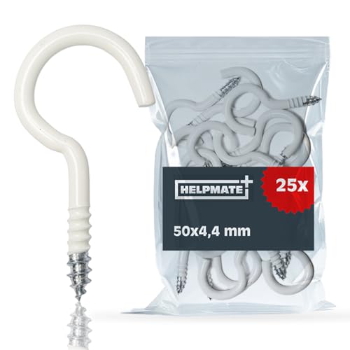 HELPMATE –Wäscheleinehaken 50x4,4x17x13 mm – kunststoffbeschichteter Stahl in weiß – 25 Stück – robuste Schraubhaken zur Befestigung von Wäscheleinen