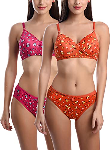 Image of FIMS - Fashion is my style Cotton Flower Print Padded Bra Panty Set for Women, Non Wired, Full Coverage, Tshirt, Back Closure, Push up, Teenage, Regular, Soft Cups
