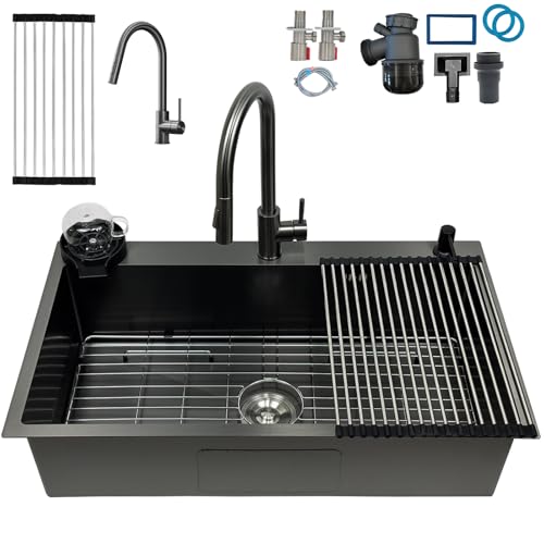 KOOGIMDDR Fregadero de cocina de acero inoxidable de 80 x 50 cm, con 1 cubeta gris y negro, con rejilla de acero inoxidable nano, lavabo de cocina con 3 agujeros escurridor de apoyo con grifo, con