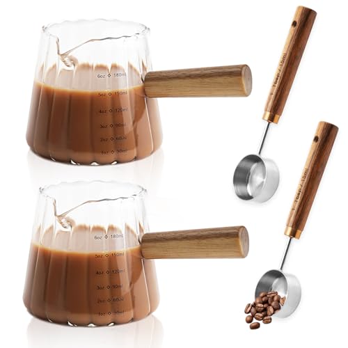 2 Stück Espresso Shot Glas, 6oz Espresso Tassen mit 2 Stück Kaffee Messlöffel, Expresso Shot Cup mit V-Shape Mund, Milchschaum Krug, Glas Messbecher Espresso Zubehör