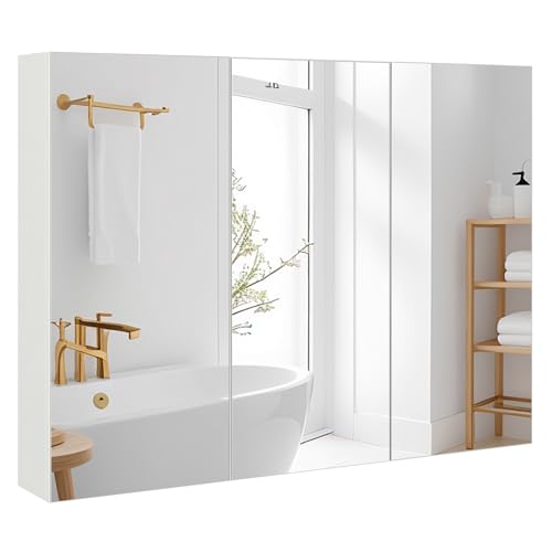 LOKO Botiquín de baño grande con espejo, armario de baño montado en la pared con 3 puertas de espejo y estantes ajustables, armario de pared de baño con puerta de espejo triple, 36 x 4.5 x 25.5
