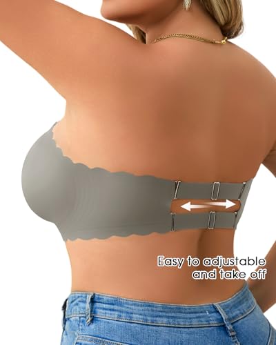 Image of Strapless Wireless Bra for Women Scalloped Full Coverage Bandeau Comfortable Everyday Non-Wired Bra for Large Busts