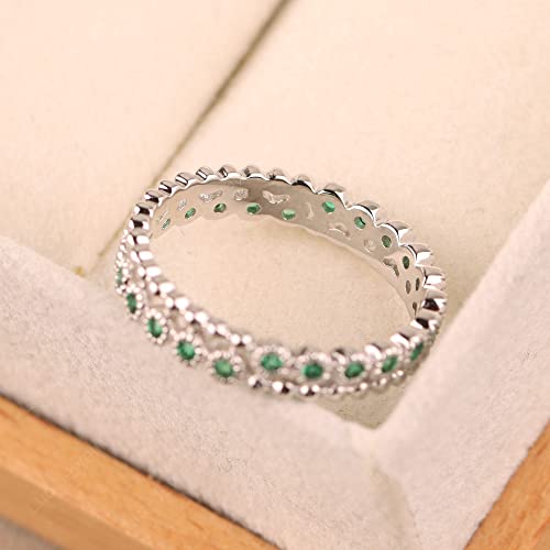 Luo Solid 925 Sterling Silver Emerald Stackable Ring Round Milgrain Eternity Bands Beaded Wedding Band May Birthstone Ring For Women Us Size 7 #TOP3