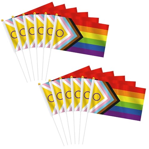12Pcs Progress Rainbow Pride Small Mini Hand Held Stick Flag - UK Rainbow Flag Hand Held Small Miniature LGBT Pride Gay Flags on Stick with Solid Pole and Spear Top