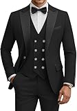 WULFUL Men's 3 Piece Suits Slim Fit Tuxedo Suit Set Double Breasted Suit Jacket Vest Pants Set for Wedding Prom Black