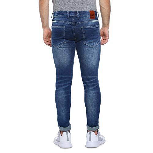 Image of CAHOOT Men' Denim Jeans for Regular Wear Blue Dark Wash Patchwork Slim Fit Jeans Crafted with Comfort Fit and High Performance for Everyday Casual Wear