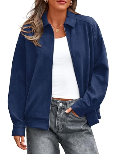 PRETTYGARDEN Faux Suede Bomber Jacket Women Fall Fashion 2026 Casual Zip Up Oversized Trendy Winter Clothing Outerwear Coats (Navy Blue,Medium)