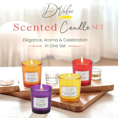 Image of D'Velas Set of 4 Scented Votive Candles (1.6oz /45g Each) | 12-Hour Burn | White Wax in Translucent Glass Jars | Decorative Candles for Home Decor, Pooja & Festive Gifting | Reusable Jars