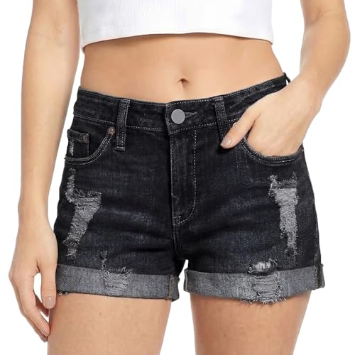 viiotu Damen Casual Ripped Jeans Shorts Mid-Waist Kurze Jeans mit Taschen Stretch Kurze Hose Sommer Hotpants (DE/NL/SE/PL Alphanumerisch XL Regular Regular Schwarz)