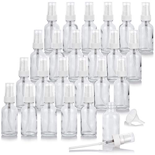 JUVITUS 1 oz / 30 ml Clear Glass Boston Round Bottle with White Treatment Pump (24 pack) + Funnel