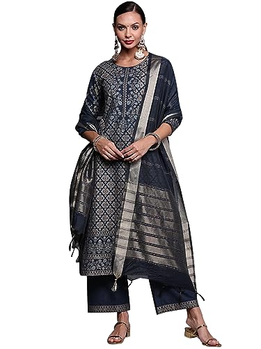 Image of Women Rangpreet Navy Blue Foil Printed Straight Kurta Palazzo With Dupatta Set
