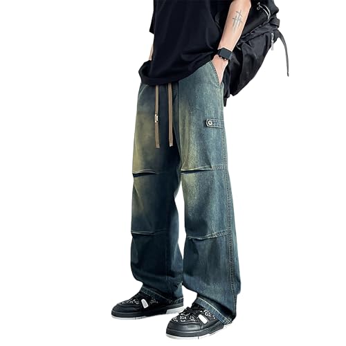 Men's Baggy Black Wide Leg Drawstring Jeans Japanese High Street Patchwork Pants Mens Cotton Jogger Casual Pants3