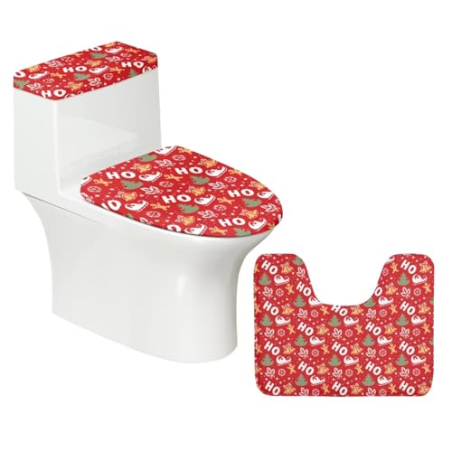 Zanxiantu Christmas Hoho Flannel U-Shaped Toilet Rug 3-Piece Set Toilet Lid Cover Machine Washable Toilet Tank Lid Cover with Toilet Floor Mat for Bathroom Decor-Red