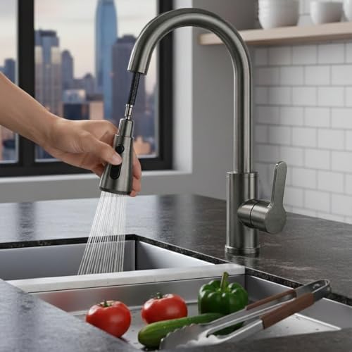 Image of EVANEX Kitchen Facuet | 304 Stainless Steel Pull Out Kitchen Faucet | 360 Degree Rotating Kitchen Tap for Sink | Water Saving Aerated Flow | Deck Mounted Sink Faucet