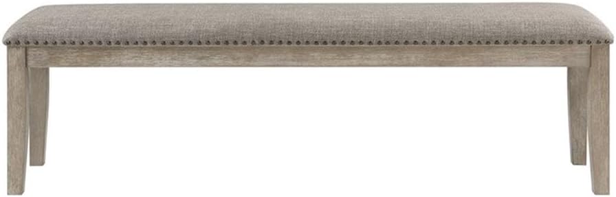 Pemberly Row 64" Upholstered Bench, Gray Polyester Padding with Nailhead Trim, Solid Wood and Oak Veneer Frame, Wire-Brushed Finish, Living Room or Dining Space Seating