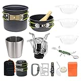 Camping Cookware Stove Set, Lightweight Camping Pots and Pans Mess Kit Backpacking Mini Stove Cup Cooking Utensils Knife Fork Spoon for Backpacking Outdoor Hiking Picnic 15Pcs (1-3 Person, Aluminum)