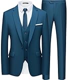 WULFUL Men’s Slim Fit Suit One Button 3-Piece Blazer Dress Business Wedding Party Jacket Vest & Pant Teal Blue