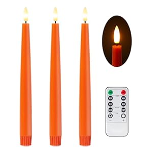   Orange-Flameless-Taper-Candles-with-Remote-and-Timer-965-Inch-Real-Wax-LED-Candlesticks-Fall-Taper-Candles-Battery-Operated-with-3D-Flickering-Flame-Thanksgiving-Candles-for-Table-3-Pack