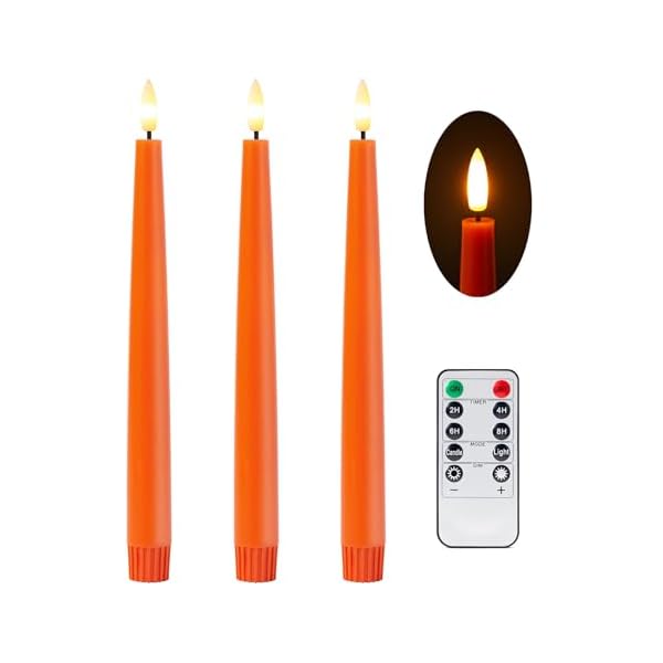   Orange-Flameless-Taper-Candles-with-Remote-and-Timer-965-Inch-Real-Wax-LED-Candlesticks-Fall-Taper-Candles-Battery-Operated-with-3D-Flickering-Flame-Thanksgiving-Candles-for-Table-3-Pack