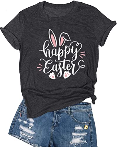 Image of Women Happy Easter T Shirt Bunny Rabbit Graphic T-Shirt Funny Letter Printed Shirts Short Sleeve Tops